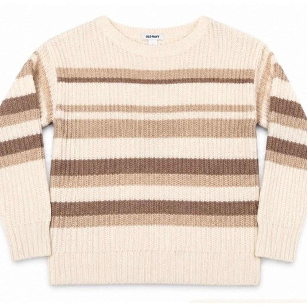 Old Navy Womens Striped Knit Sweater Size L Cream Brown Crewneck NWT